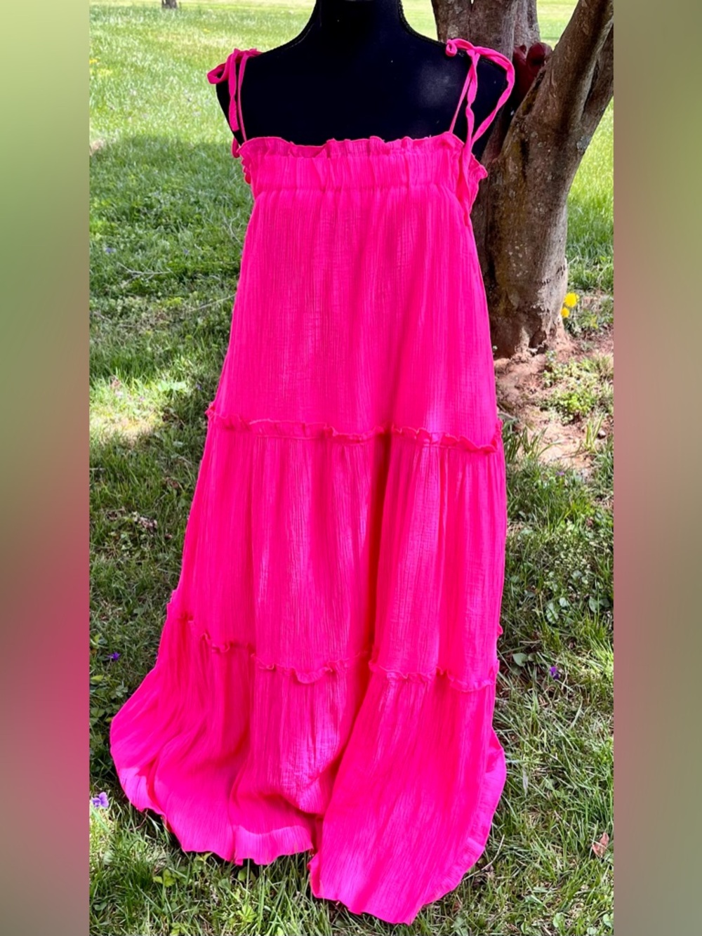 &merci Hot Pink Gauze Tiered Maxi Dress Size Medium Fuchsia Boho Summer Vacation